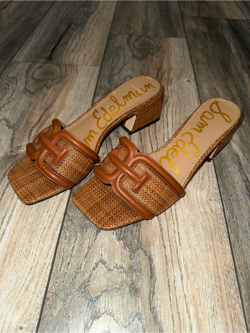 Sam Edelman Raffia & Leather Block Heel Slide Sandals | NEW IN BOX